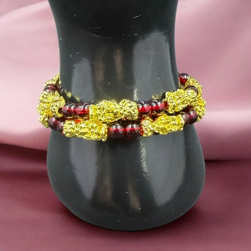 Gold Pixiu Bracelet Red Bead‎ Feng Shui Wealth Prosperity Lucky Stretch